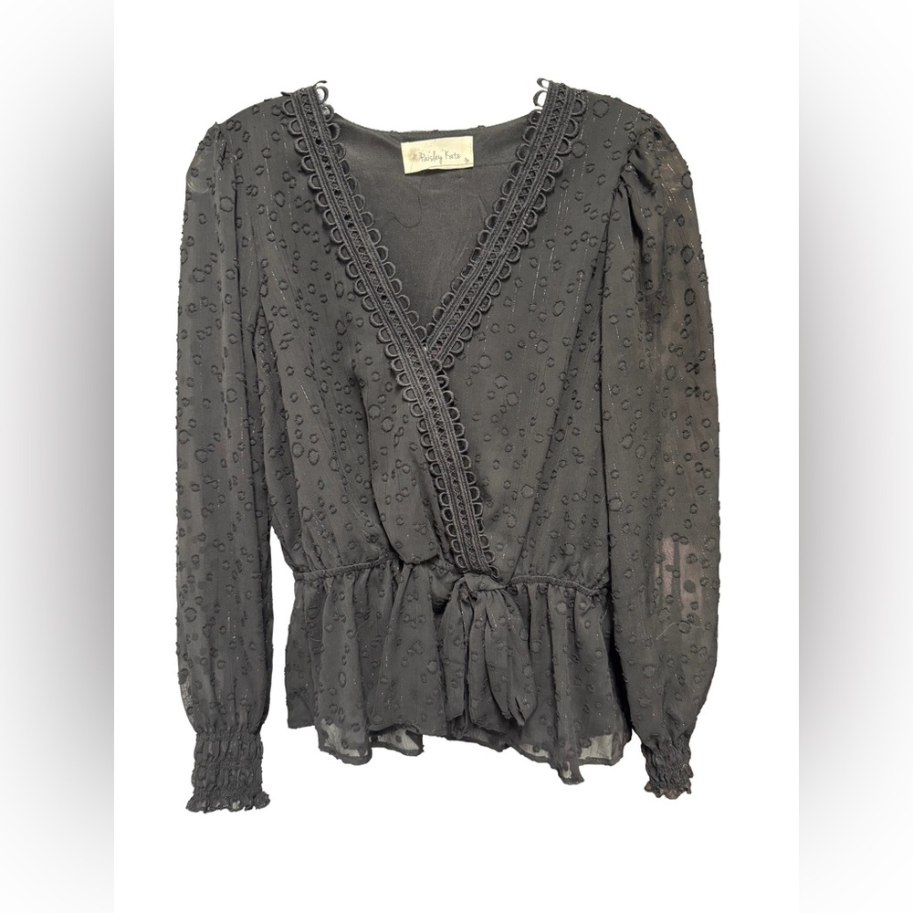 Paisley Kate Women's Medium Black Dressy Peplum Top with Balloon Sleeves